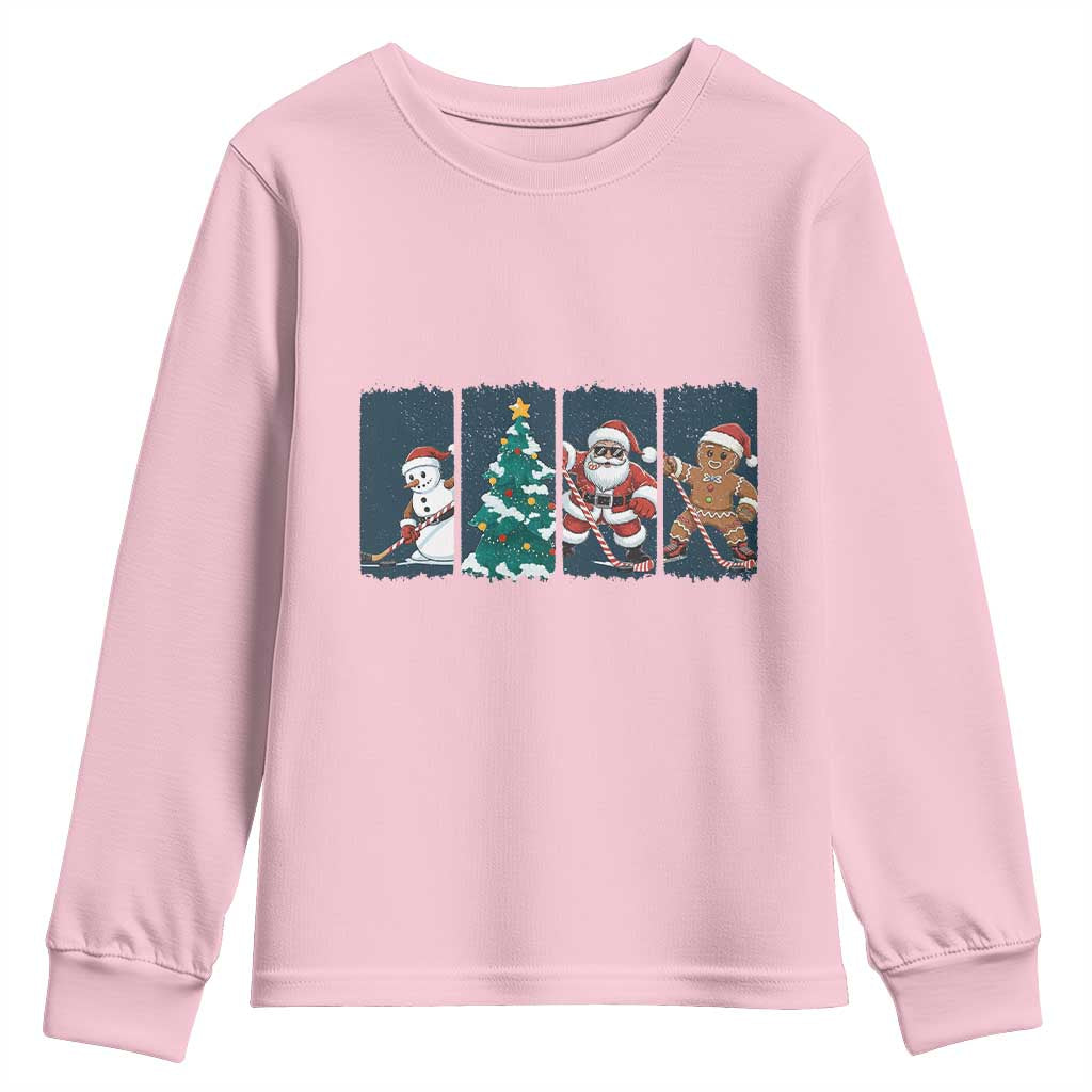 Funny Ice Hockey Christmas Gift Youth Sweatshirt Santa Snowman And Gingerbread Playing Together TS12 Light Pink Print Your Wear
