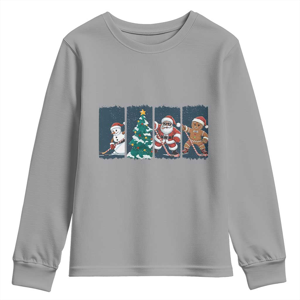 Funny Ice Hockey Christmas Gift Youth Sweatshirt Santa Snowman And Gingerbread Playing Together TS12 Sport Gray Print Your Wear