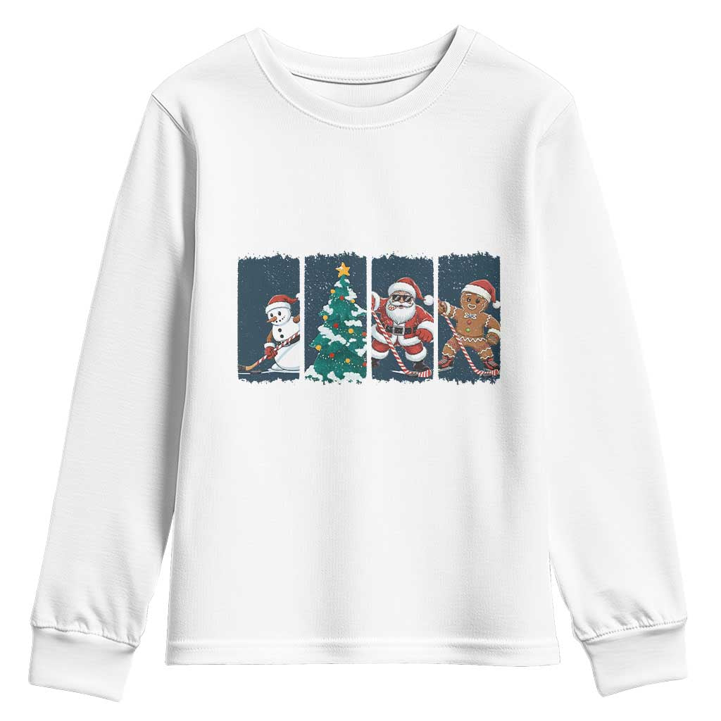 Funny Ice Hockey Christmas Gift Youth Sweatshirt Santa Snowman And Gingerbread Playing Together TS12 White Print Your Wear