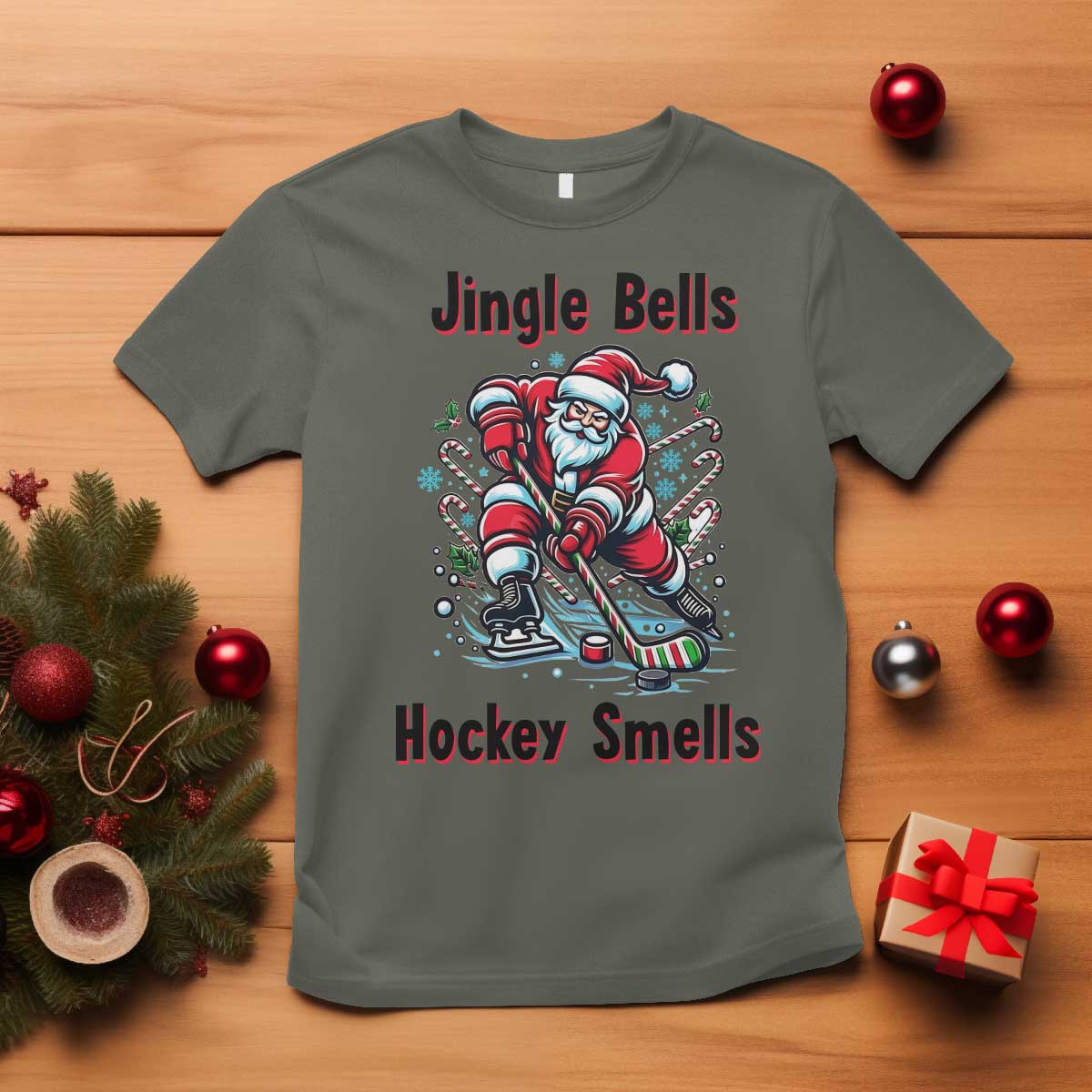 Jingle Bells Hockey Smells T Shirt Funny Santa Ice Hockey Christmas Gift TS12 Military Green Print Your Wear