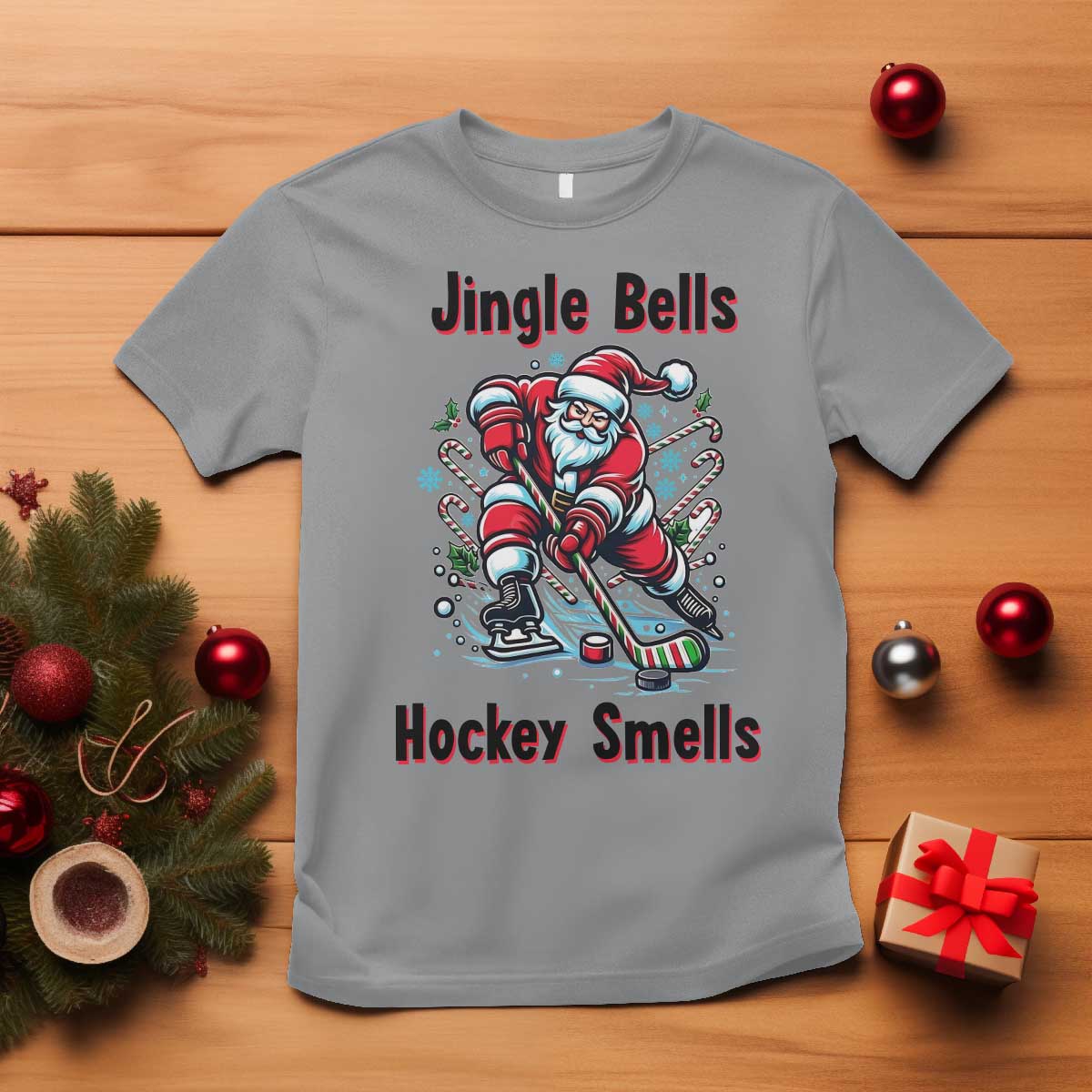 Jingle Bells Hockey Smells T Shirt Funny Santa Ice Hockey Christmas Gift TS12 Sport Gray Print Your Wear