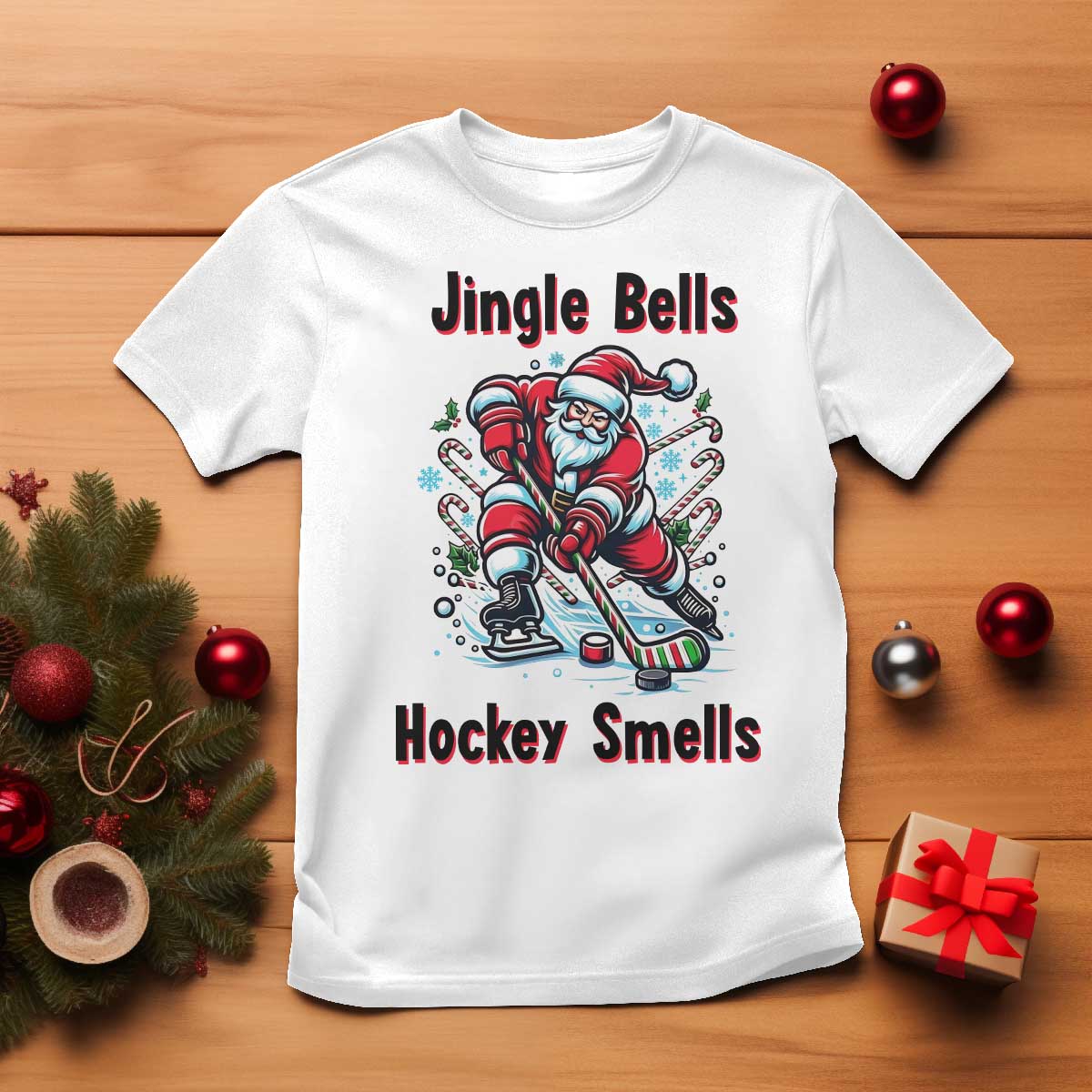 Jingle Bells Hockey Smells T Shirt Funny Santa Ice Hockey Christmas Gift TS12 White Print Your Wear