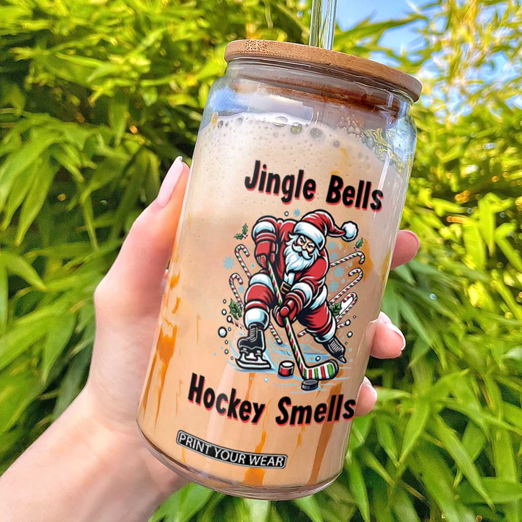 Jingle Bells Hockey Smells Glass Can Funny Santa Ice Hockey Christmas Gift TS12 White Print Your Wear