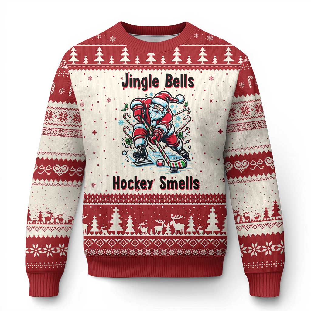 Jingle Bells Hockey Smells Ugly Christmas Sweater Funny Santa Ice Hockey Xmas Gift TS12 Beige Red Print Your Wear