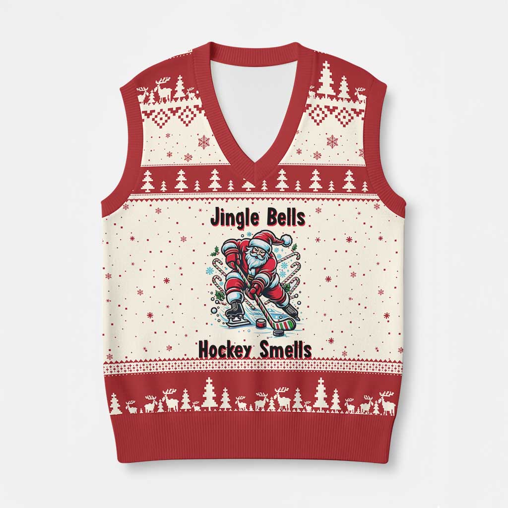 Jingle Bells Hockey Smells V-Neck Knit Sweater Vest Funny Santa Ice Hockey Xmas Gift TS12 Beige Red Print Your Wear