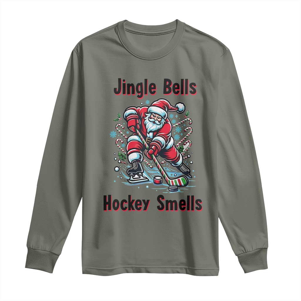 Jingle Bells Hockey Smells Long Sleeve Shirt Funny Santa Ice Hockey Christmas Gift TS12 Military Green Print Your Wear
