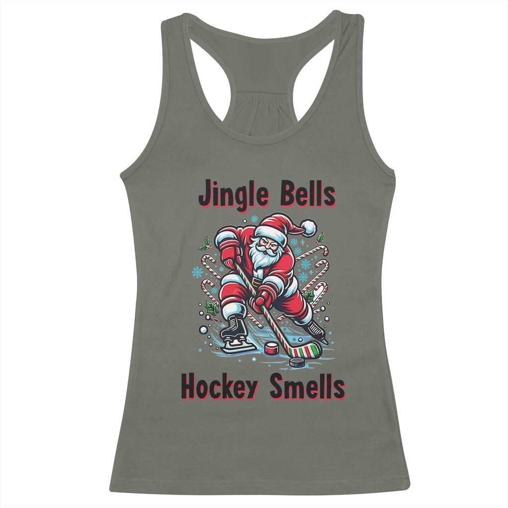 Jingle Bells Hockey Smells Racerback Tank Top Funny Santa Ice Hockey Christmas Gift TS12 Military Green Print Your Wear