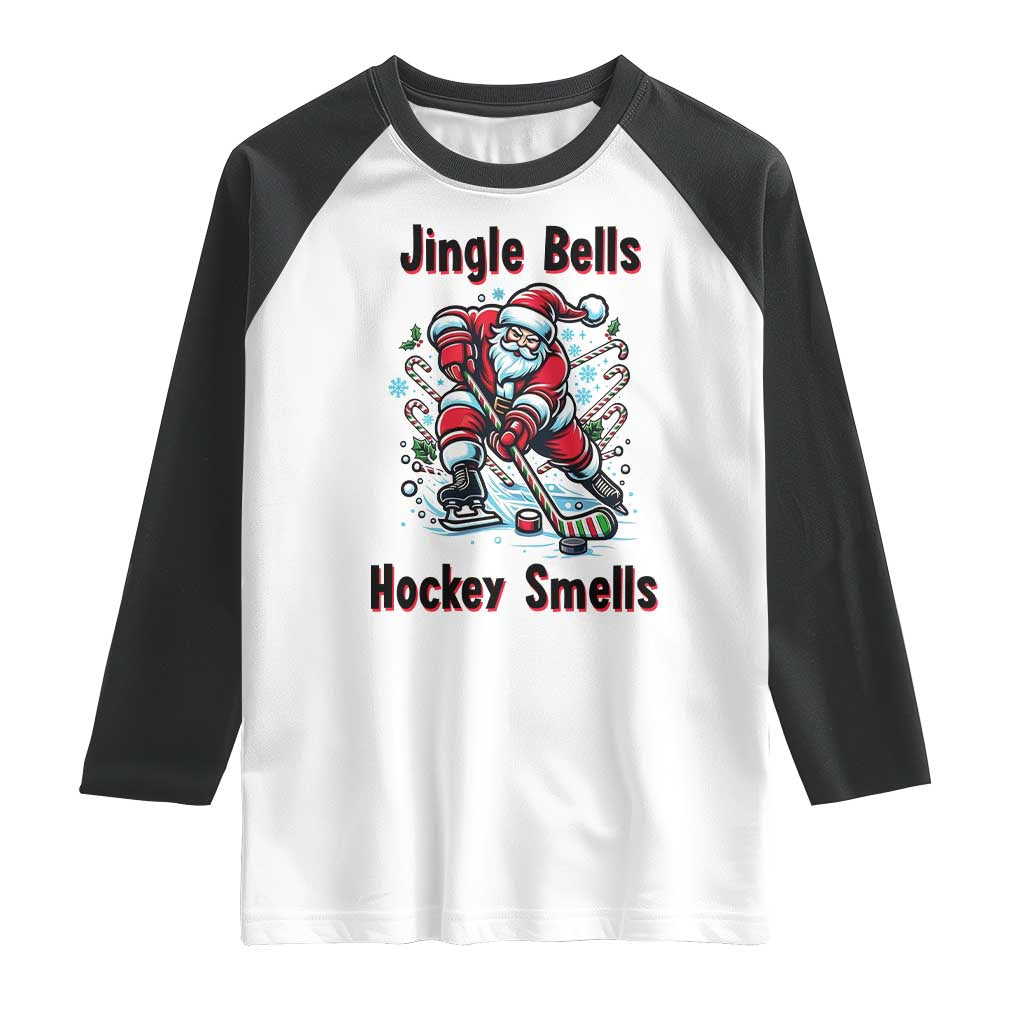 Jingle Bells Hockey Smells Raglan Shirt Funny Santa Ice Hockey Christmas Gift TS12 White Black Print Your Wear