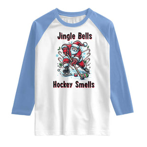 Jingle Bells Hockey Smells Raglan Shirt Funny Santa Ice Hockey Christmas Gift TS12 White Carolina Blue Print Your Wear