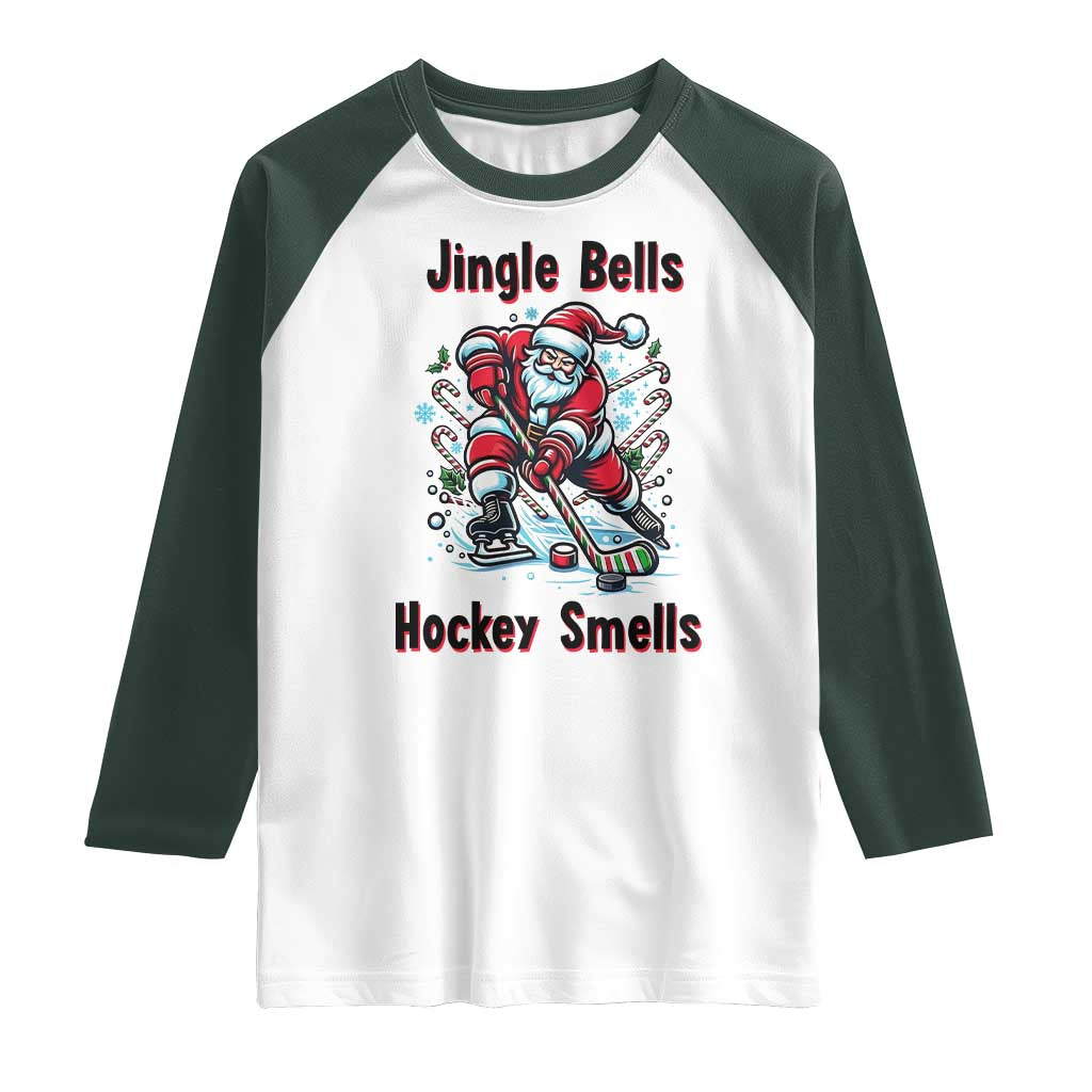 Jingle Bells Hockey Smells Raglan Shirt Funny Santa Ice Hockey Christmas Gift TS12 White Dark Forest Green Print Your Wear