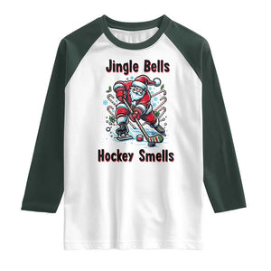 Jingle Bells Hockey Smells Raglan Shirt Funny Santa Ice Hockey Christmas Gift TS12 White Dark Forest Green Print Your Wear