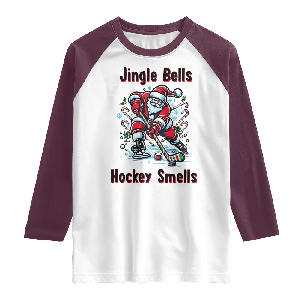 Jingle Bells Hockey Smells Raglan Shirt Funny Santa Ice Hockey Christmas Gift TS12 White Maroon Print Your Wear