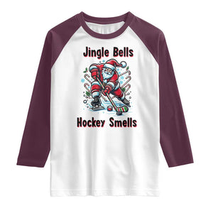 Jingle Bells Hockey Smells Raglan Shirt Funny Santa Ice Hockey Christmas Gift TS12 White Maroon Print Your Wear