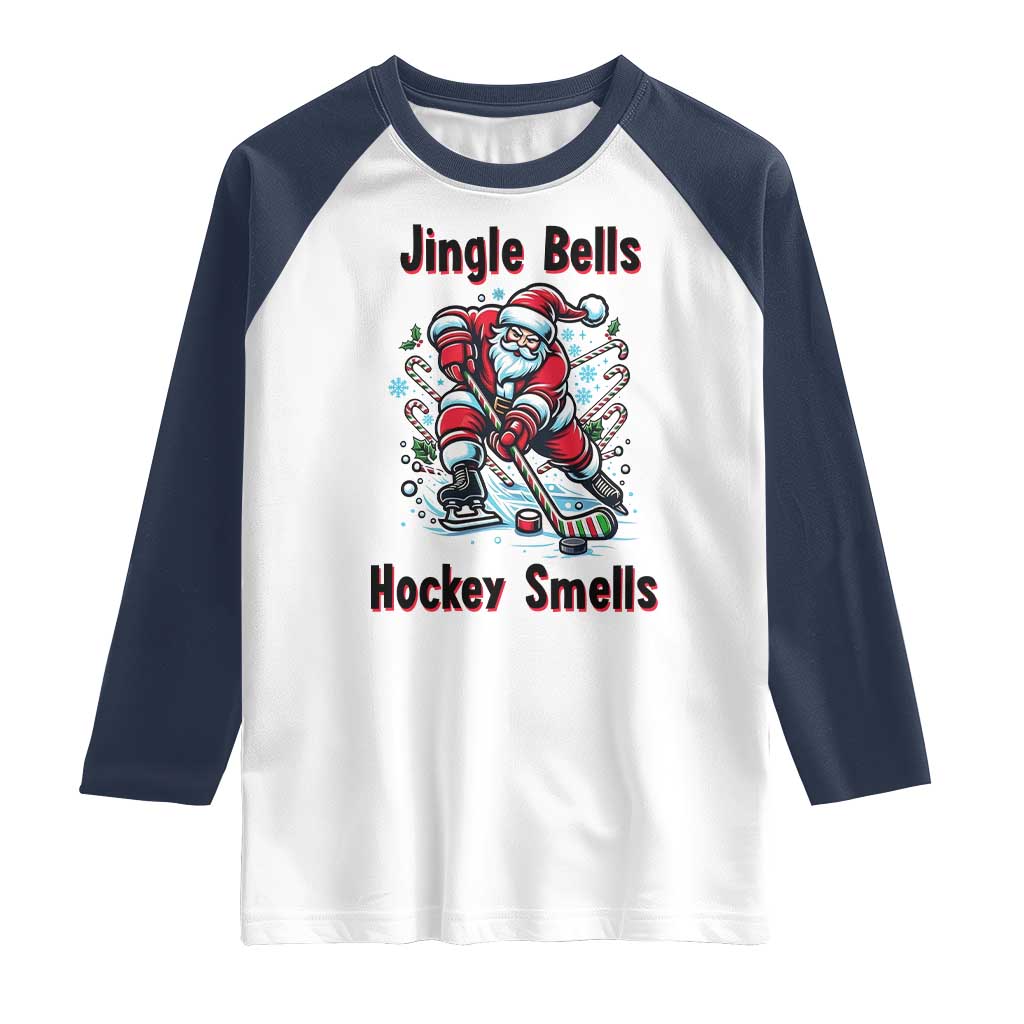 Jingle Bells Hockey Smells Raglan Shirt Funny Santa Ice Hockey Christmas Gift TS12 White Navy Print Your Wear