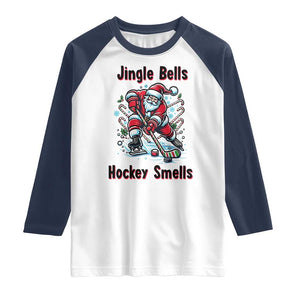 Jingle Bells Hockey Smells Raglan Shirt Funny Santa Ice Hockey Christmas Gift TS12 White Navy Print Your Wear