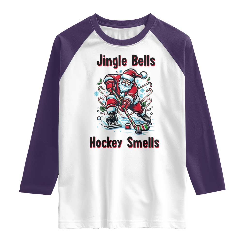 Jingle Bells Hockey Smells Raglan Shirt Funny Santa Ice Hockey Christmas Gift TS12 White Purple Print Your Wear