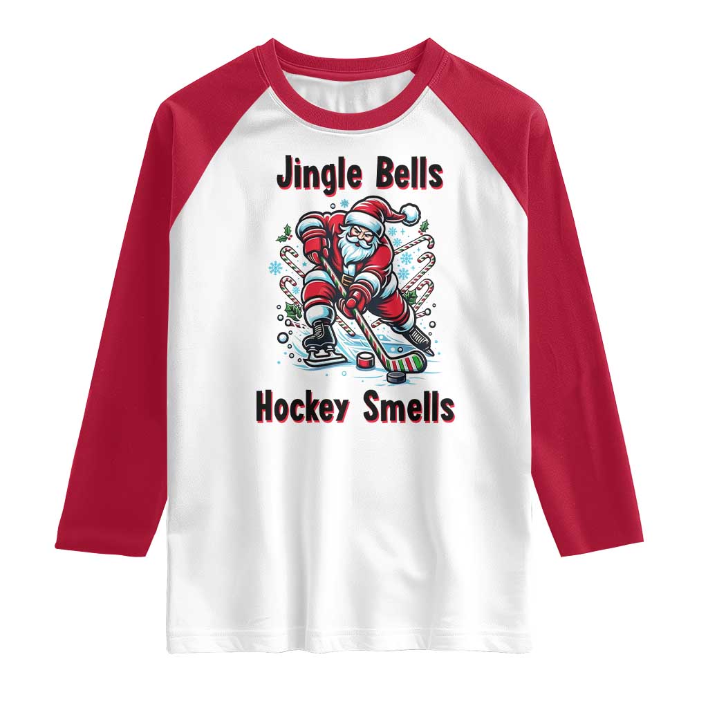 Jingle Bells Hockey Smells Raglan Shirt Funny Santa Ice Hockey Christmas Gift TS12 White Red Print Your Wear