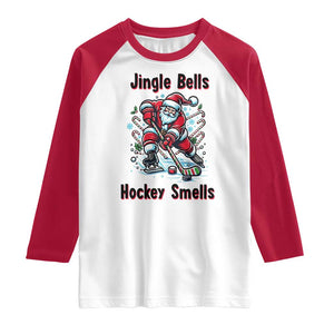 Jingle Bells Hockey Smells Raglan Shirt Funny Santa Ice Hockey Christmas Gift TS12 White Red Print Your Wear