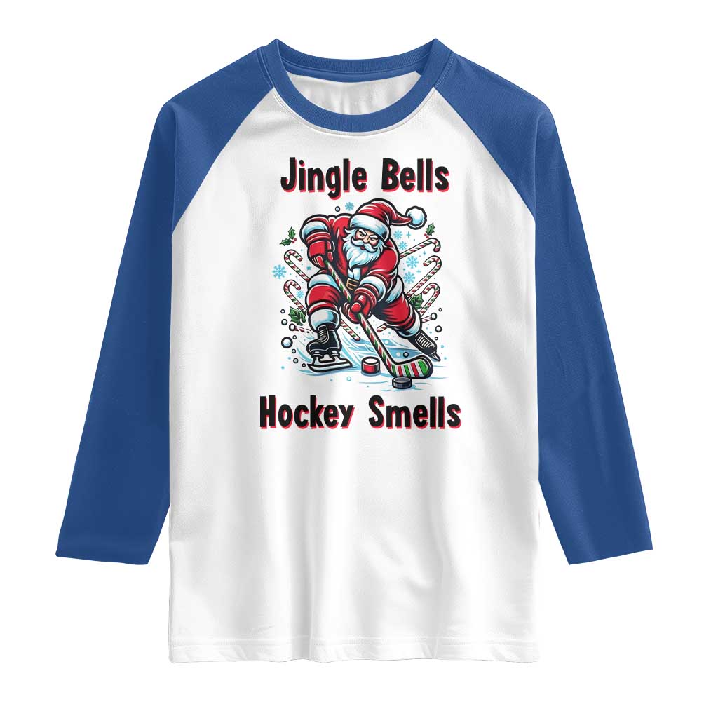 Jingle Bells Hockey Smells Raglan Shirt Funny Santa Ice Hockey Christmas Gift TS12 White Royal Print Your Wear