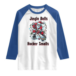 Jingle Bells Hockey Smells Raglan Shirt Funny Santa Ice Hockey Christmas Gift TS12 White Royal Print Your Wear