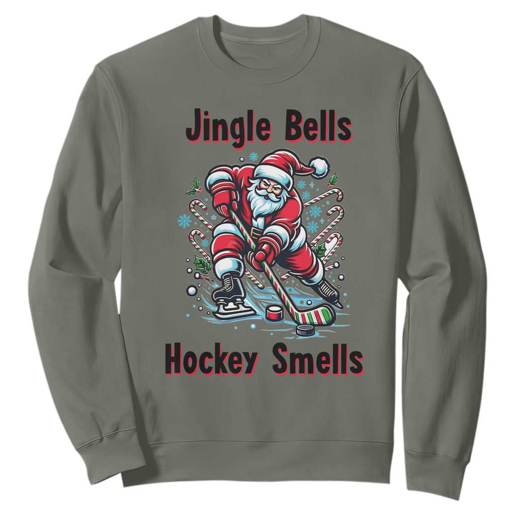Jingle Bells Hockey Smells Sweatshirt Funny Santa Ice Hockey Christmas Gift TS12 Military Green Print Your Wear
