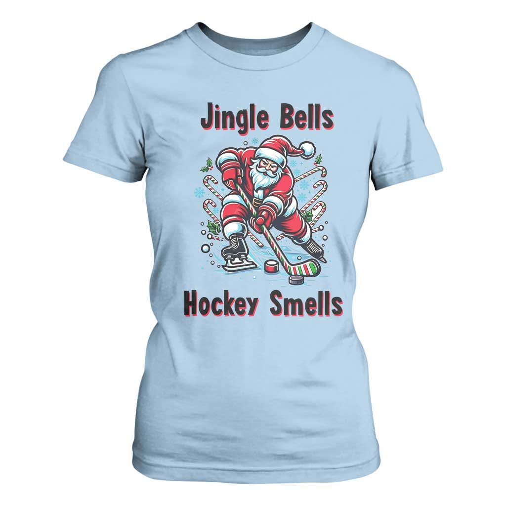 Jingle Bells Hockey Smells T Shirt For Women Funny Santa Ice Hockey Christmas Gift TS12 Light Blue Print Your Wear