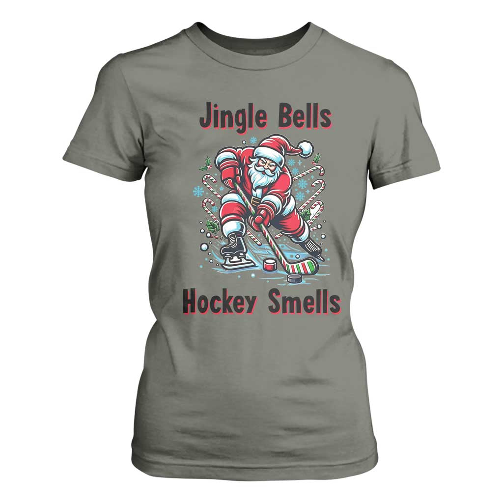 Jingle Bells Hockey Smells T Shirt For Women Funny Santa Ice Hockey Christmas Gift TS12 Military Green Print Your Wear