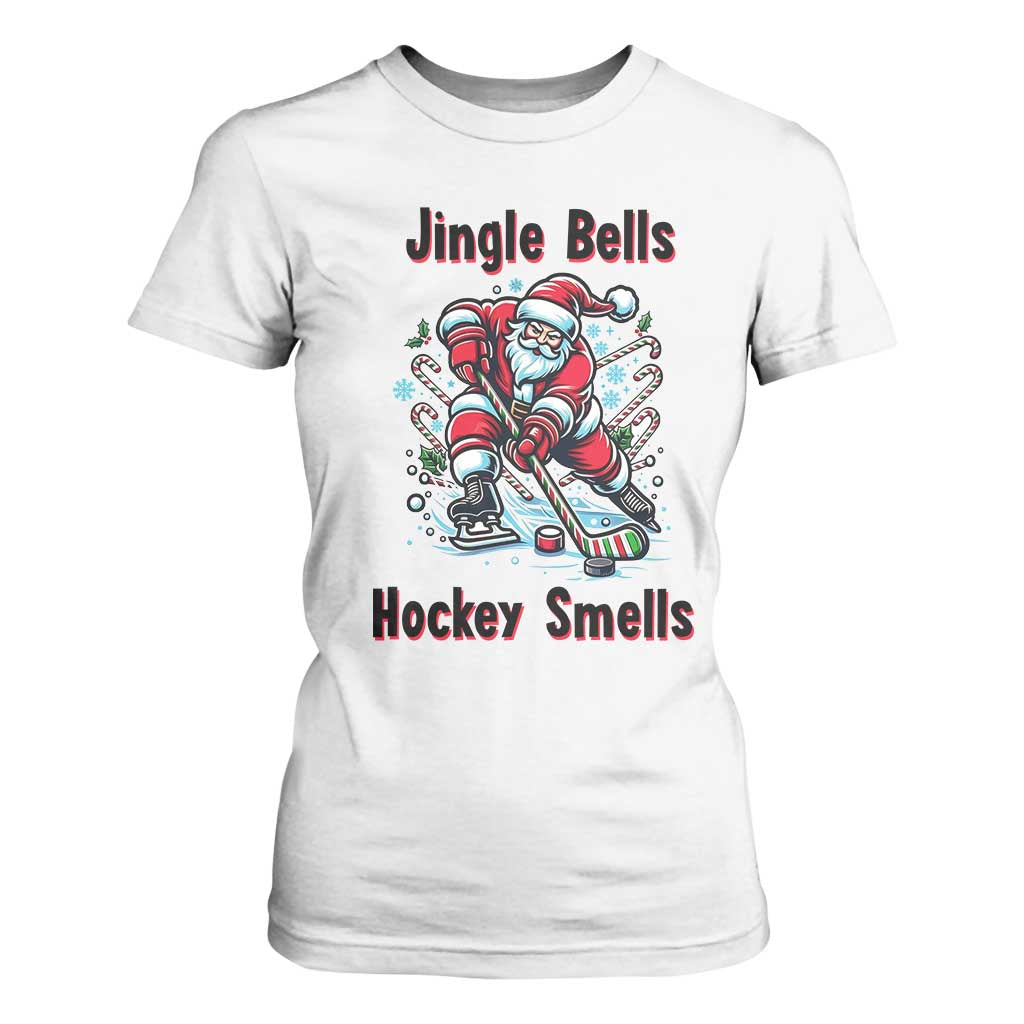 Jingle Bells Hockey Smells T Shirt For Women Funny Santa Ice Hockey Christmas Gift TS12 White Print Your Wear