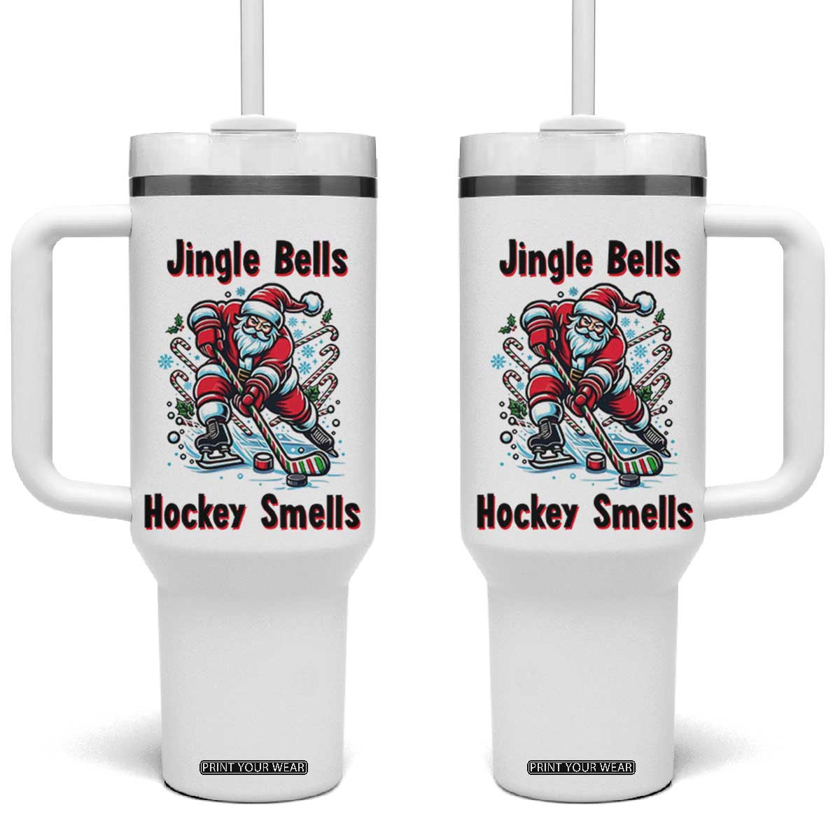 Jingle Bells Hockey Smells Tumbler With Handle Funny Santa Ice Hockey Christmas Gift TS12 One Size: 40 oz White Print Your Wear