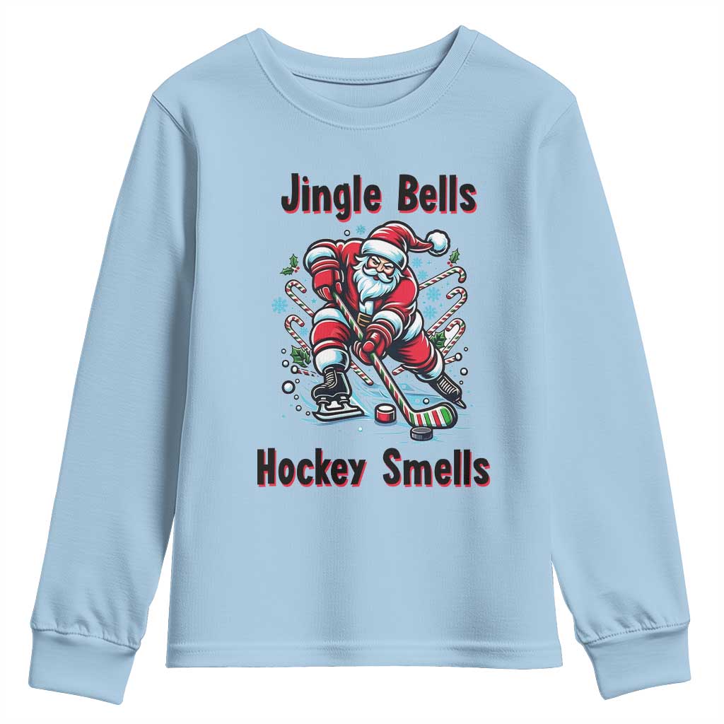 Jingle Bells Hockey Smells Youth Sweatshirt Funny Santa Ice Hockey Christmas Gift TS12 Light Blue Print Your Wear