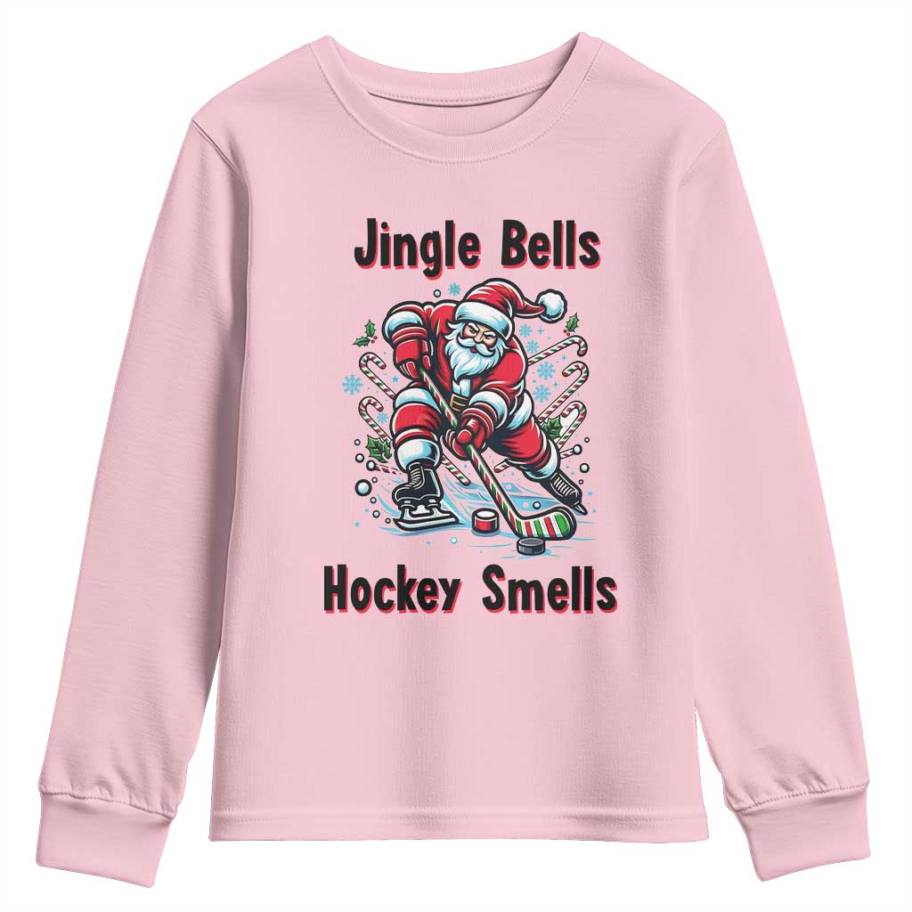 Jingle Bells Hockey Smells Youth Sweatshirt Funny Santa Ice Hockey Christmas Gift TS12 Light Pink Print Your Wear