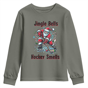 Jingle Bells Hockey Smells Youth Sweatshirt Funny Santa Ice Hockey Christmas Gift TS12 Military Green Print Your Wear
