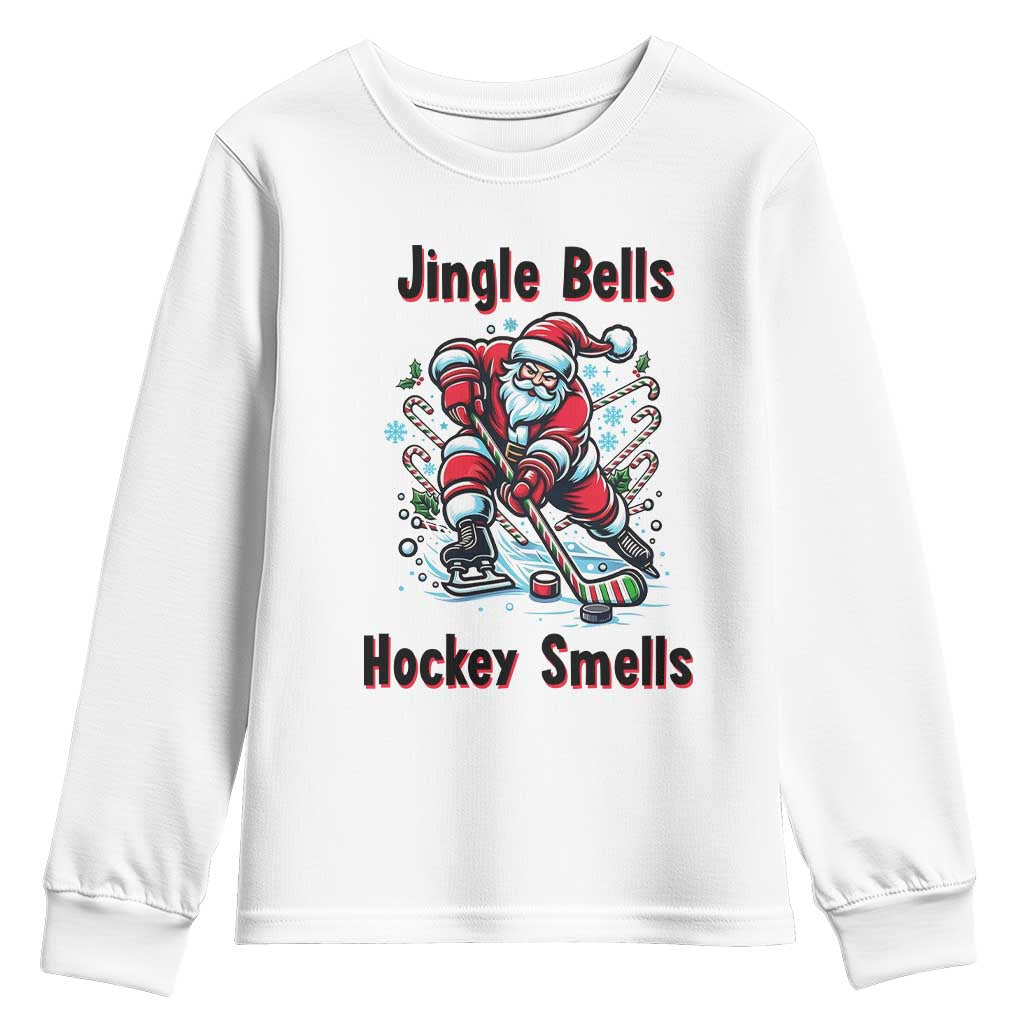 Jingle Bells Hockey Smells Youth Sweatshirt Funny Santa Ice Hockey Christmas Gift TS12 White Print Your Wear