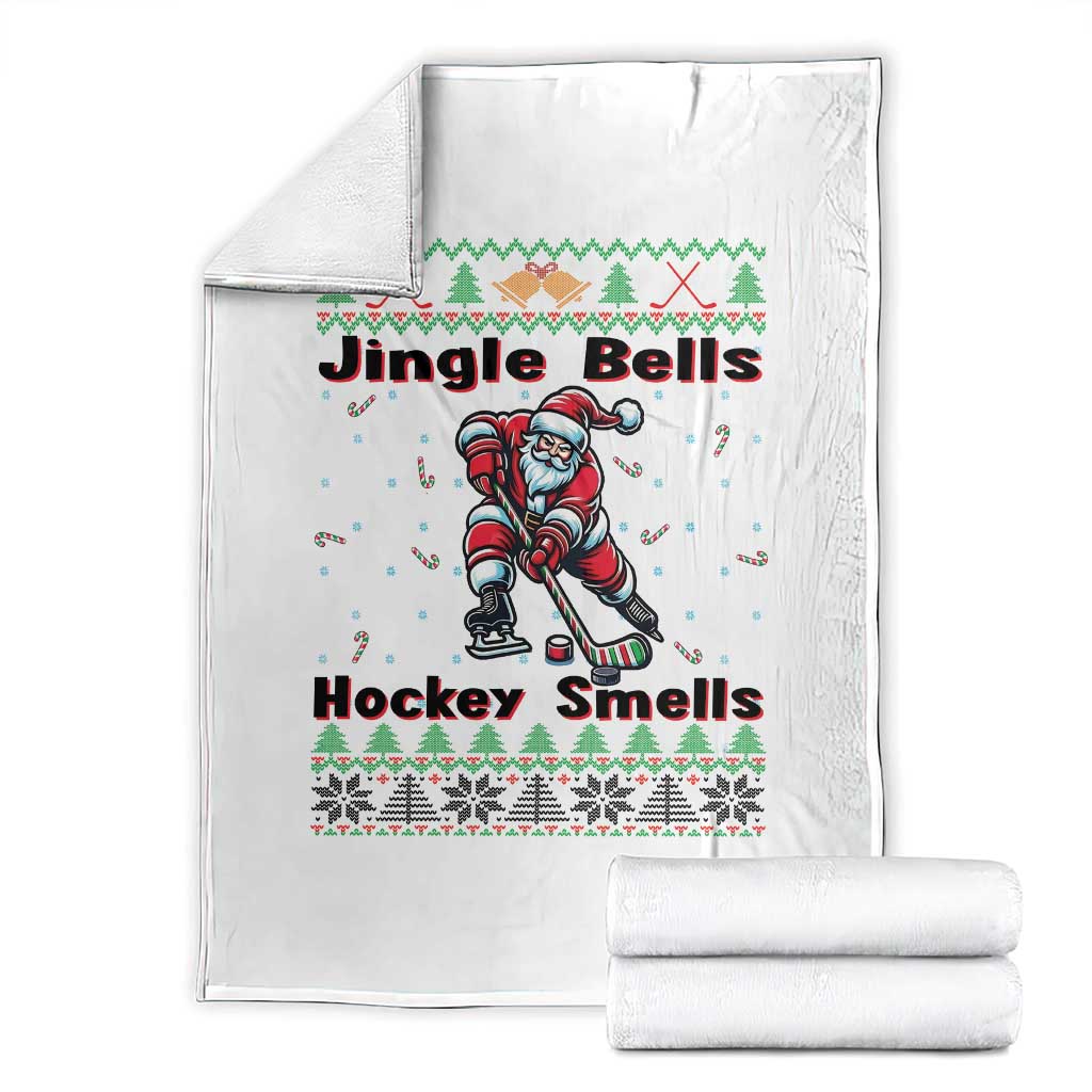Ugly Christmas Sweater Santa Playing Hockey Throw Blanket Jingle Bells Hockey Smells TS12 White Print Your Wear