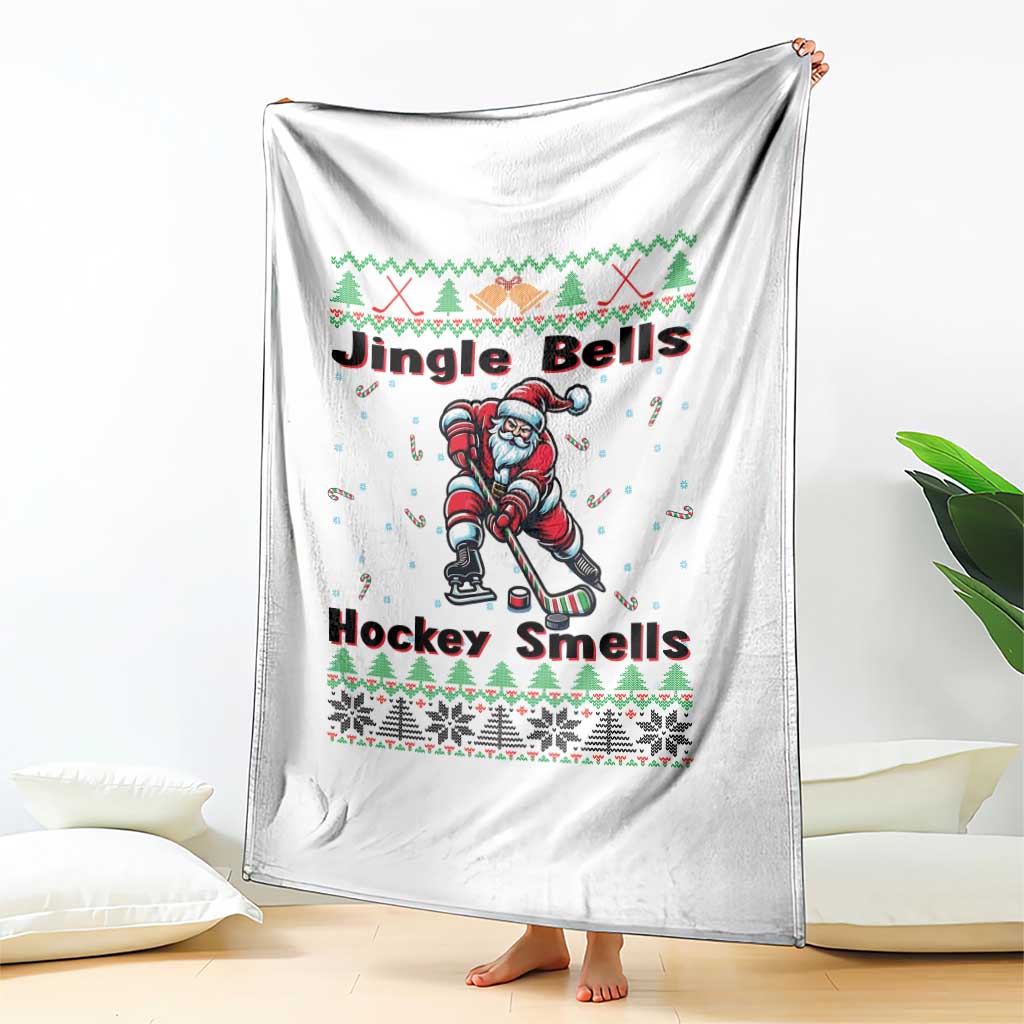 Ugly Christmas Sweater Santa Playing Hockey Throw Blanket Jingle Bells Hockey Smells TS12 Print Your Wear