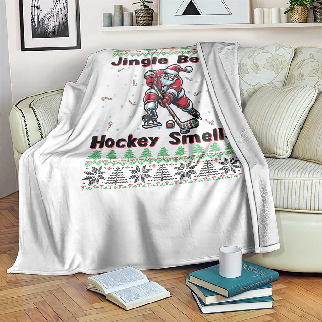 Ugly Christmas Sweater Santa Playing Hockey Throw Blanket Jingle Bells Hockey Smells TS12 Print Your Wear