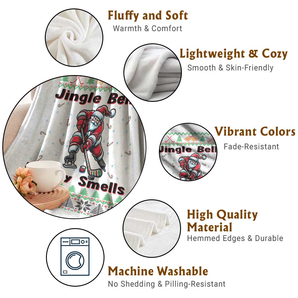 Ugly Christmas Sweater Santa Playing Hockey Throw Blanket Jingle Bells Hockey Smells TS12 Print Your Wear