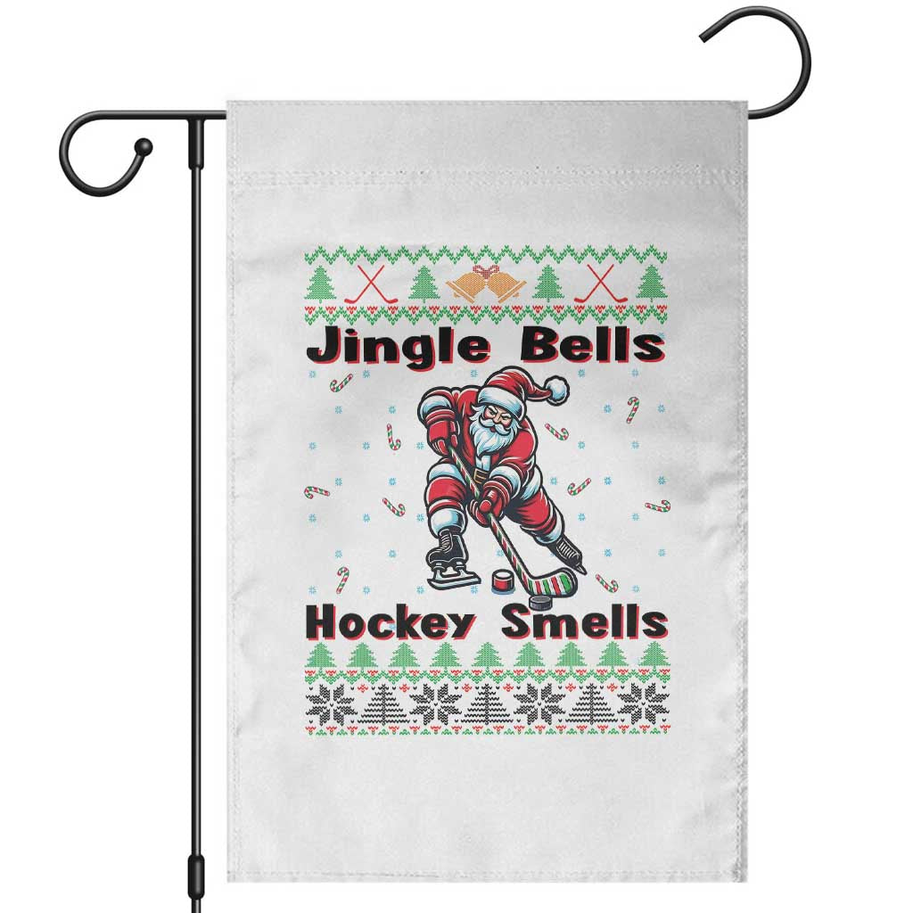 Ugly Christmas Sweater Santa Playing Hockey Garden Flag Jingle Bells Hockey Smells TS12 White Print Your Wear