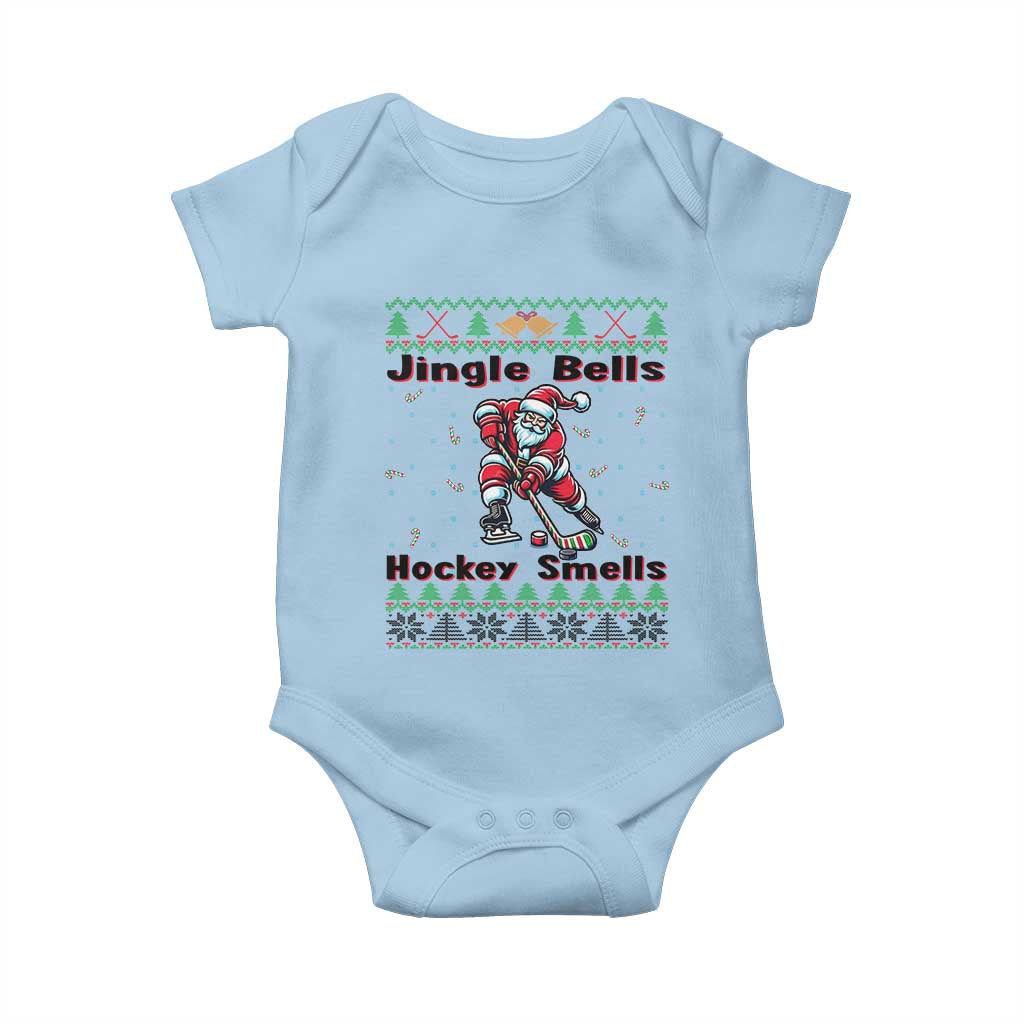 Ugly Christmas Sweater Santa Playing Hockey Baby Onesie Jingle Bells Hockey Smells TS12 Light Blue Print Your Wear