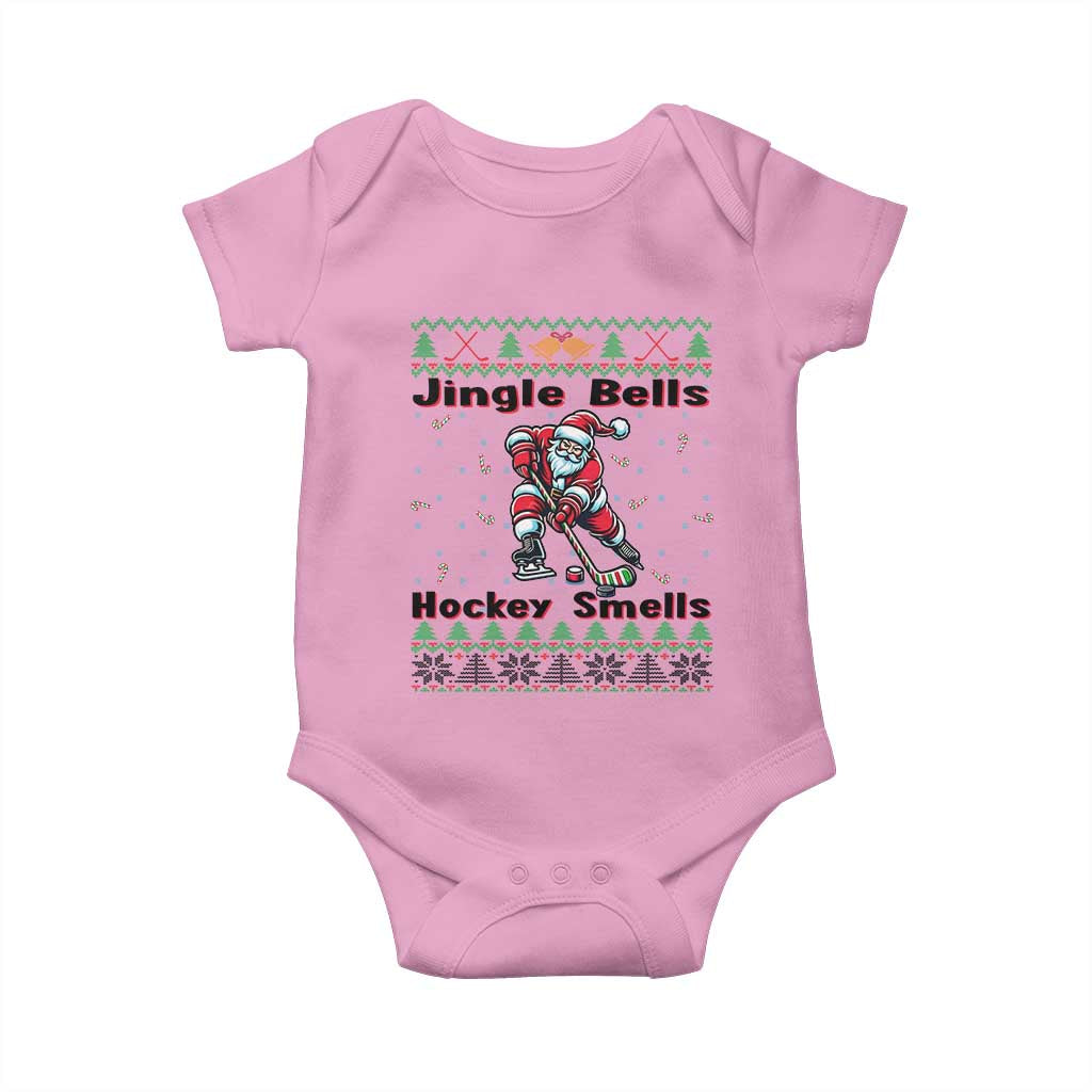 Ugly Christmas Sweater Santa Playing Hockey Baby Onesie Jingle Bells Hockey Smells TS12 Light Pink Print Your Wear