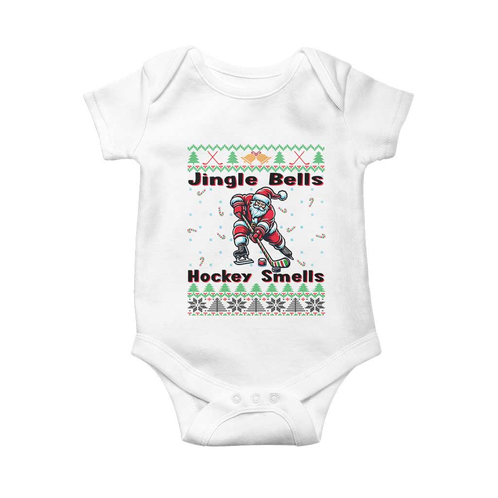 Ugly Christmas Sweater Santa Playing Hockey Baby Onesie Jingle Bells Hockey Smells TS12 White Print Your Wear