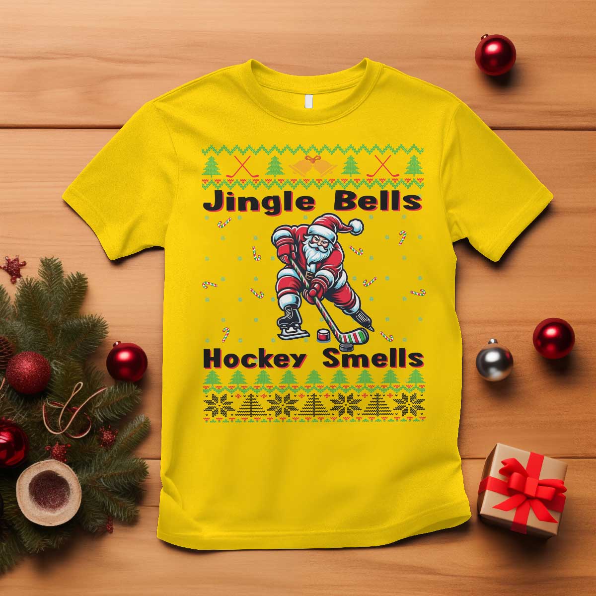 Ugly Christmas Sweater Santa Playing Hockey T Shirt Jingle Bells Hockey Smells TS12 Daisy Print Your Wear