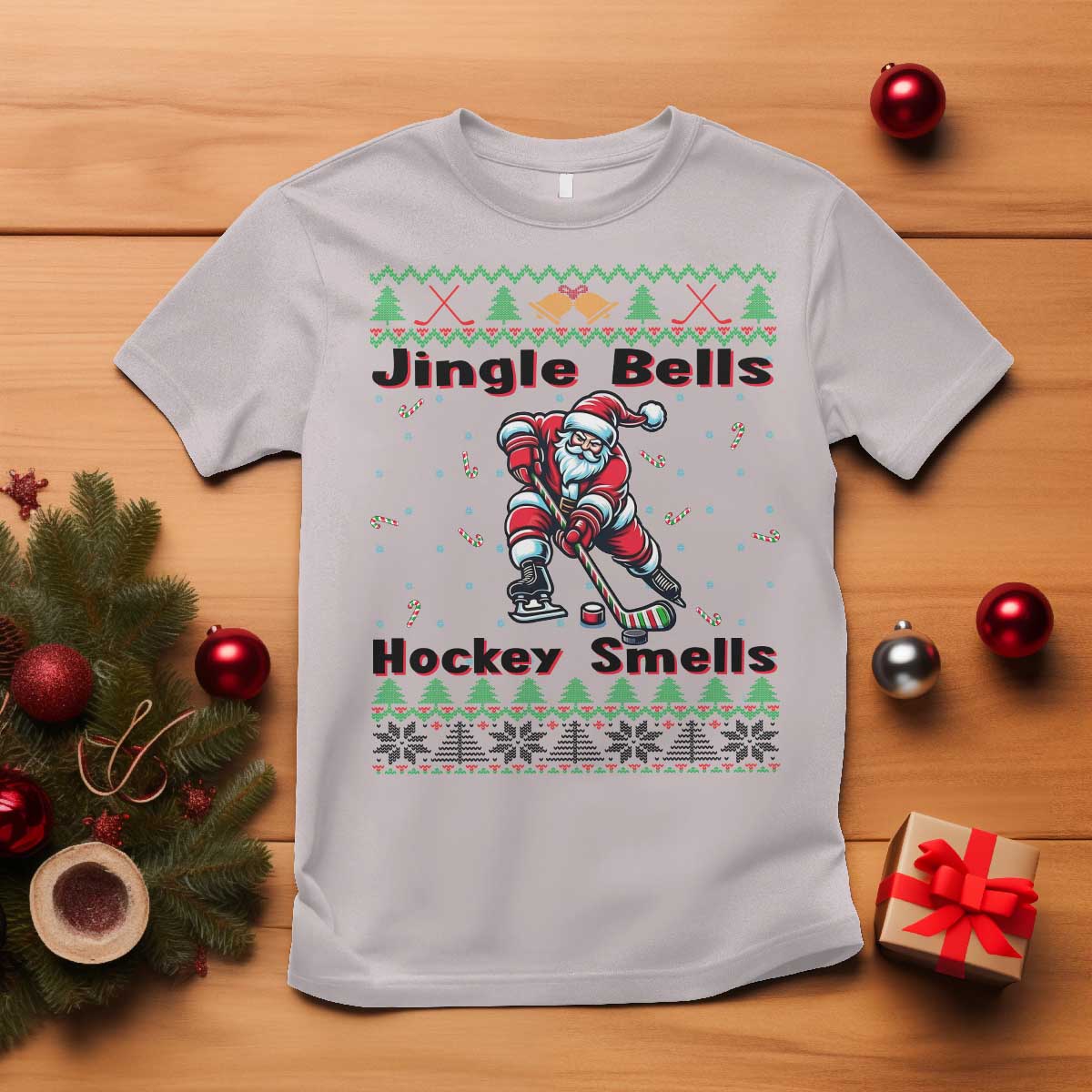 Ugly Christmas Sweater Santa Playing Hockey T Shirt Jingle Bells Hockey Smells TS12 Ice Gray Print Your Wear