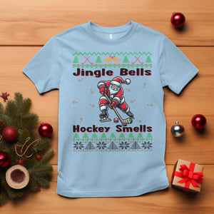 Ugly Christmas Sweater Santa Playing Hockey T Shirt Jingle Bells Hockey Smells TS12 Light Blue Print Your Wear