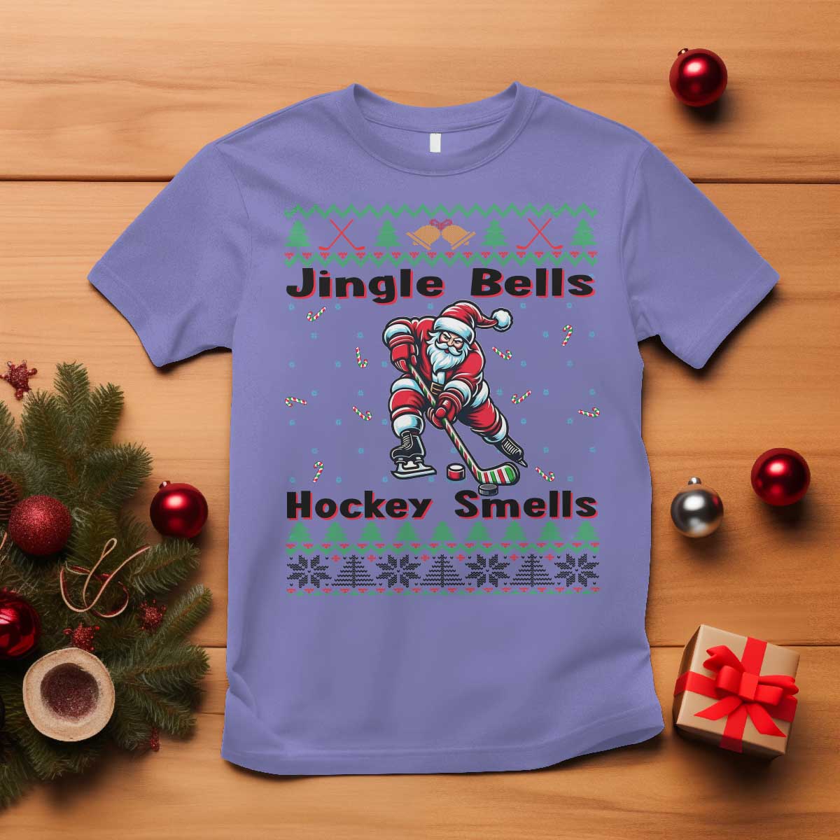 Ugly Christmas Sweater Santa Playing Hockey T Shirt Jingle Bells Hockey Smells TS12 Violet Print Your Wear