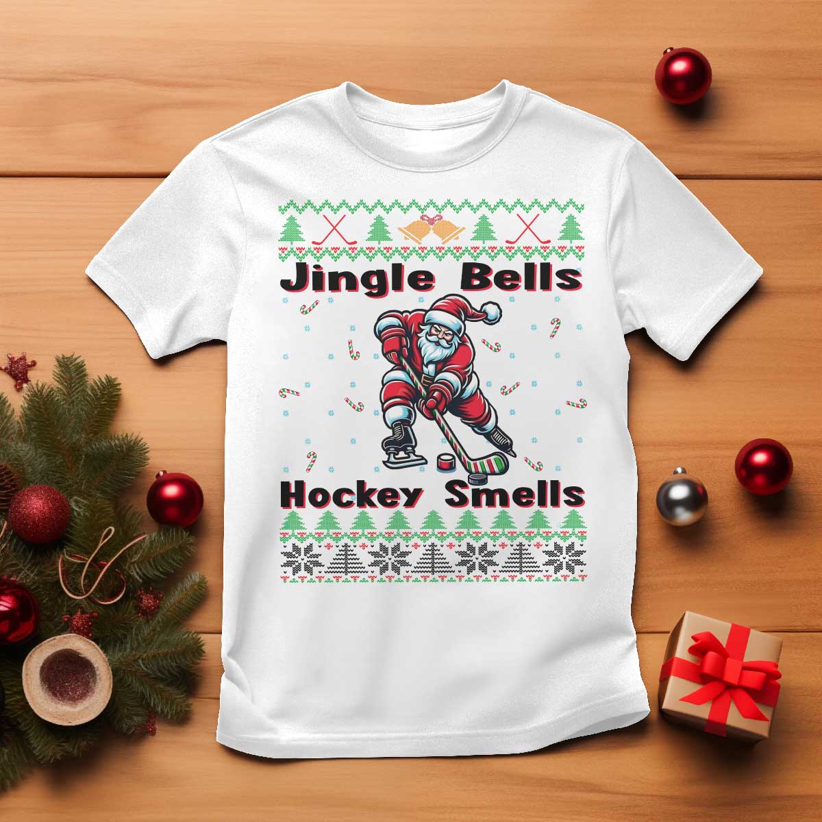 Ugly Christmas Sweater Santa Playing Hockey T Shirt Jingle Bells Hockey Smells TS12 White Print Your Wear