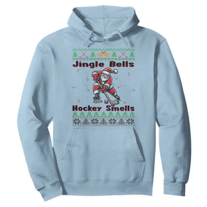 Ugly Christmas Sweater Santa Playing Hockey Hoodie Jingle Bells Hockey Smells TS12 Light Blue Print Your Wear