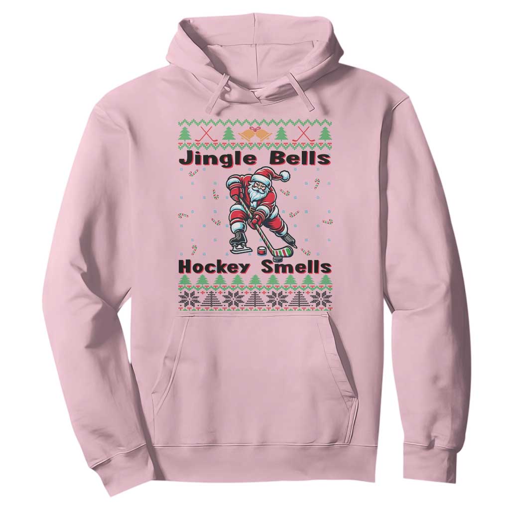 Ugly Christmas Sweater Santa Playing Hockey Hoodie Jingle Bells Hockey Smells TS12 Light Pink Print Your Wear