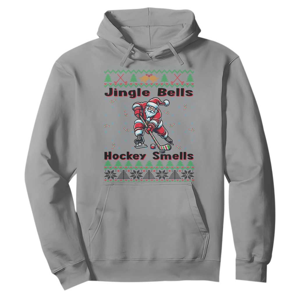 Ugly Christmas Sweater Santa Playing Hockey Hoodie Jingle Bells Hockey Smells TS12 Sport Gray Print Your Wear