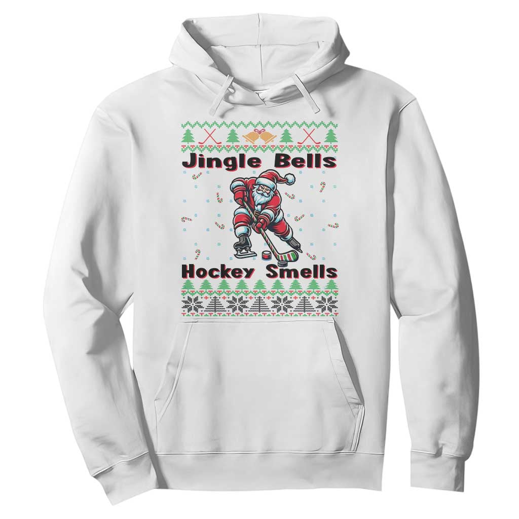 Ugly Christmas Sweater Santa Playing Hockey Hoodie Jingle Bells Hockey Smells TS12 White Print Your Wear